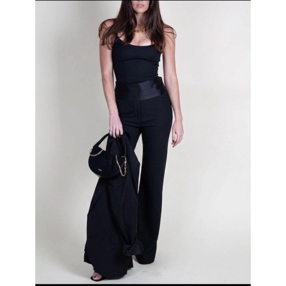 70's VTG Black Tuxedo Pants Trouser Straight Leg Side Stripe Cummerbund Womens 2